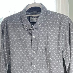 Express Slim Soft Wash Long Sleeve Button Down Gray Floral Shirt